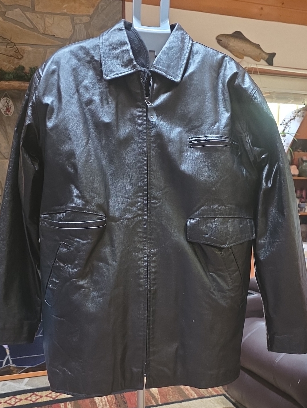 Men's Black Leather Jacket - Classic Zip Front Pockets-XLT